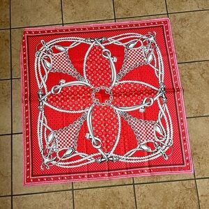 100% silk Vibrant Red Scarf with White and Black Accents